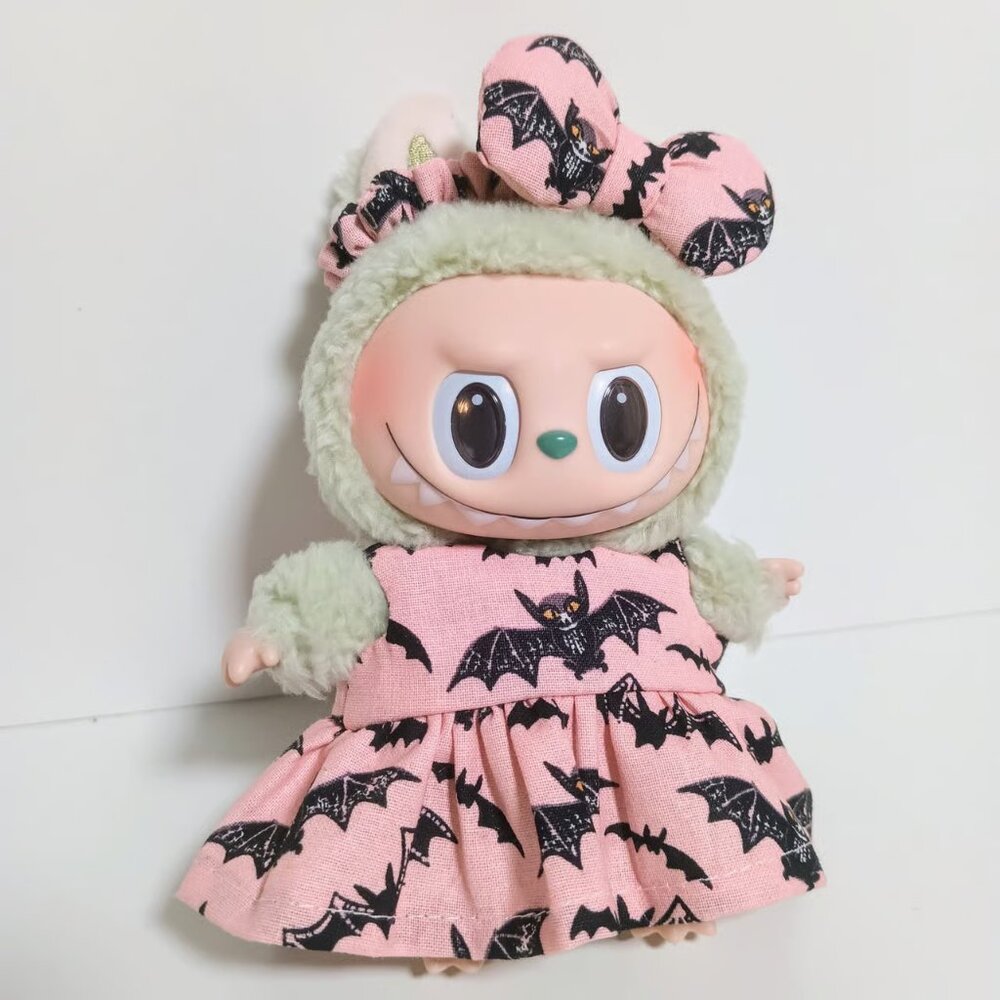Pink Bat Dress and Matching Bow Handmade Outfit for Made for Labubu